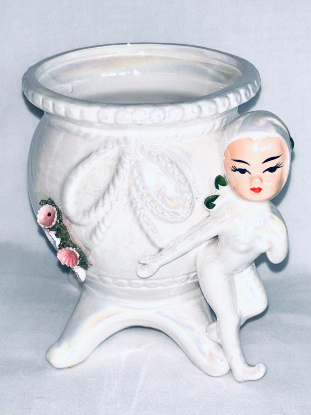 Vintage Lefton White Pixie Flower Cache Pot ESD Japan Pearl Lustre MCM Planter